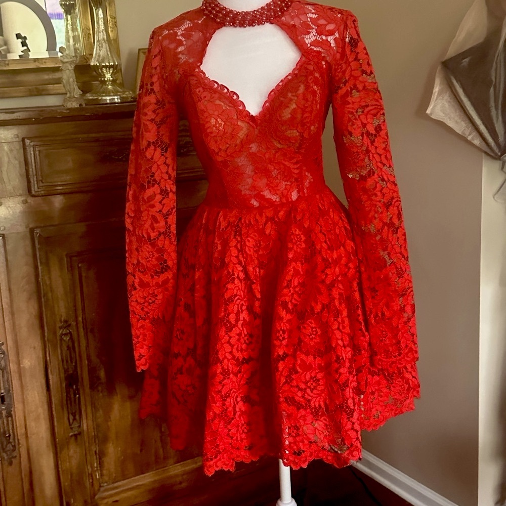 Tarik Ediz Red Fit and Flare Dress lace padded bustier red 4